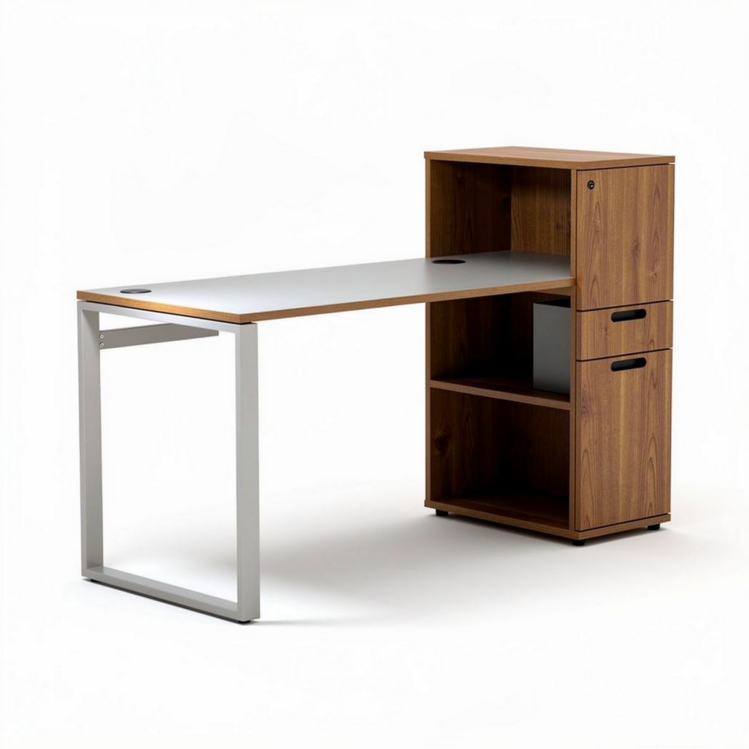 Wood and metal computer desk with storage shelves 150 x 60 x 75cm