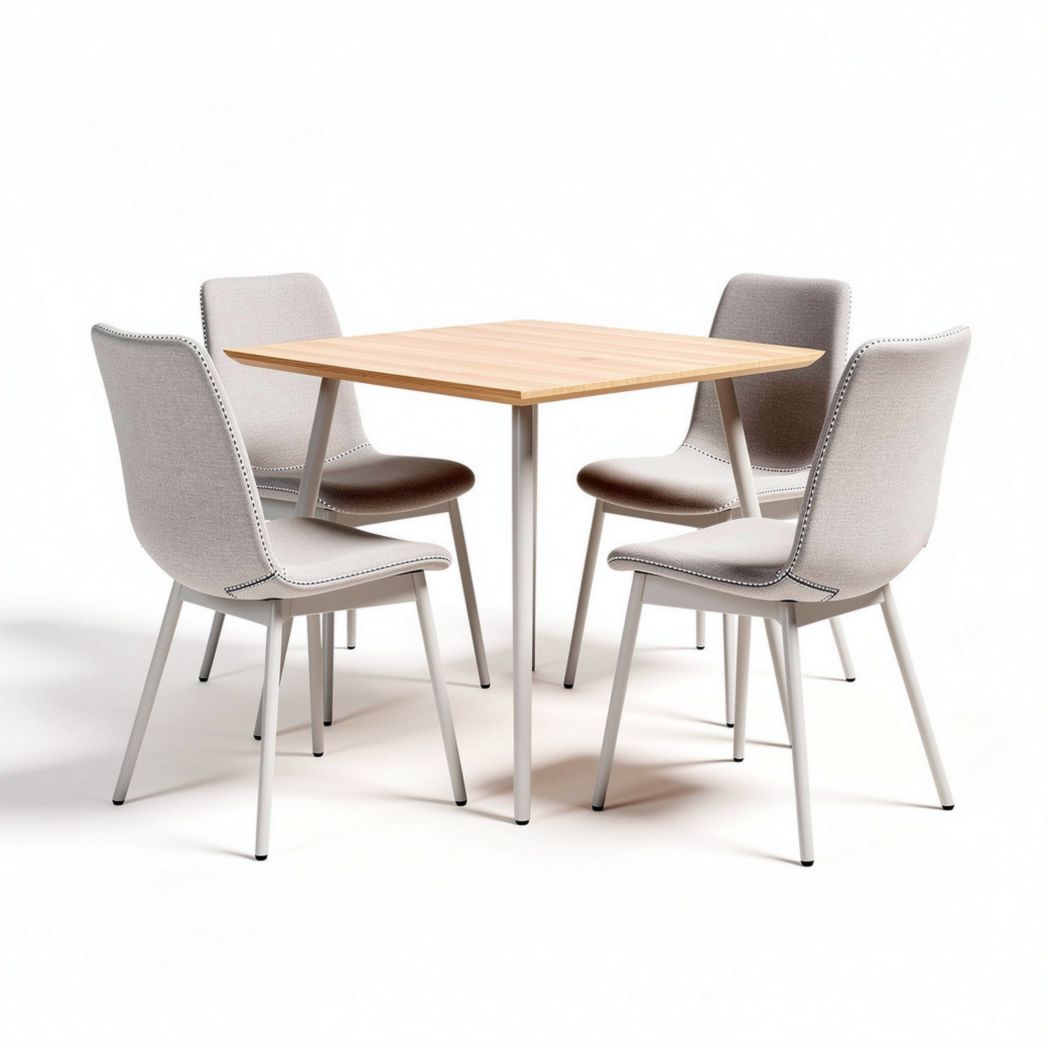 Square dining table with four upholstered chairs in gray 80 x 80 x 75cm
