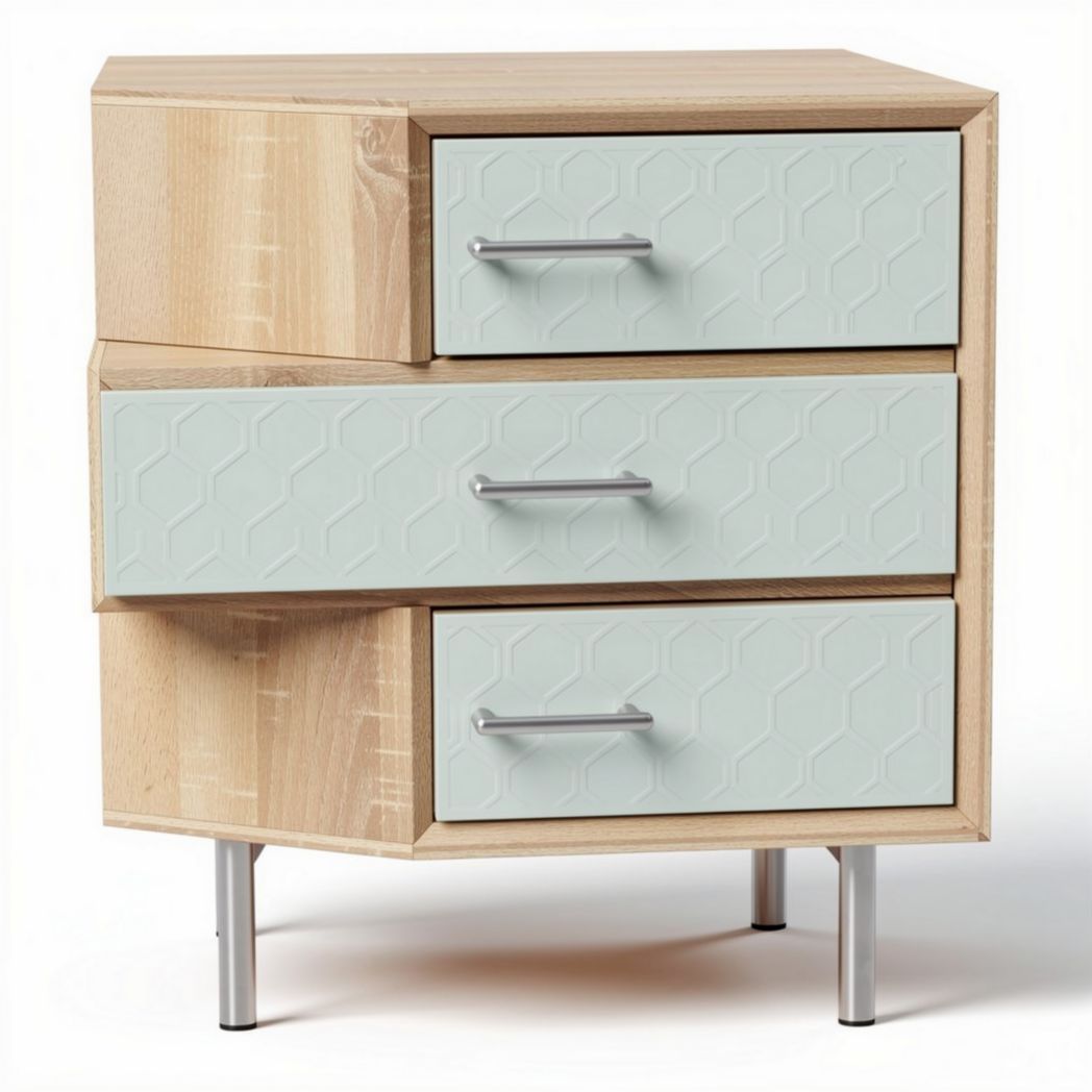 Three-drawer nightstand with honeycomb pattern fronts and natural wood finish