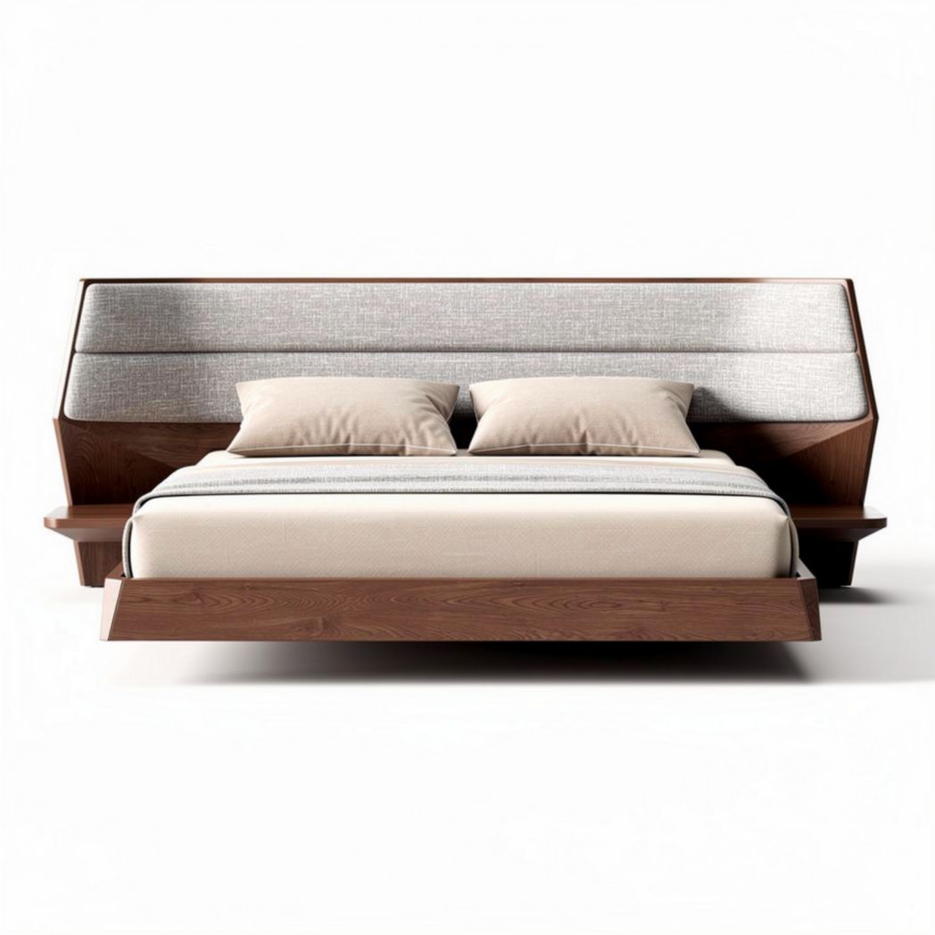 Wooden platform bed with upholstered headboard and space-saving design 200 x 160 x 100cm