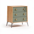 Bamboo and green chest of drawers with three storage compartments and metal legs