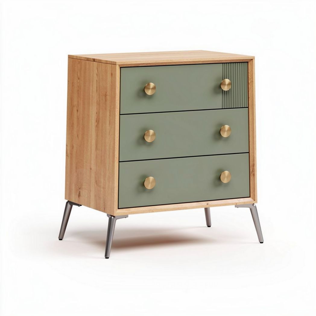 Bamboo and green chest of drawers with three storage compartments and metal legs
