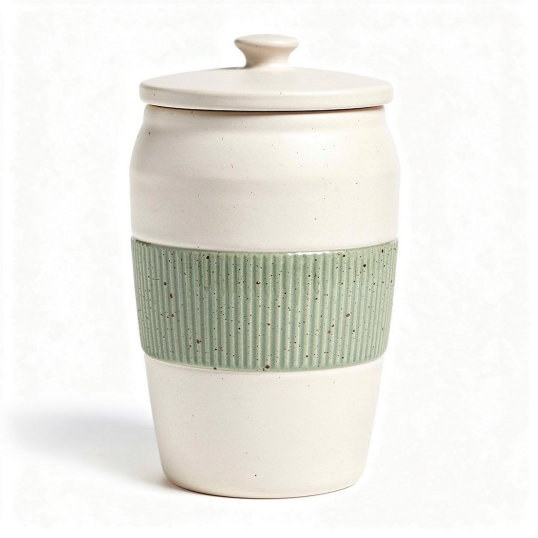 Ceramic storage jar with green ribbed band 10 x 10 x 20cm
