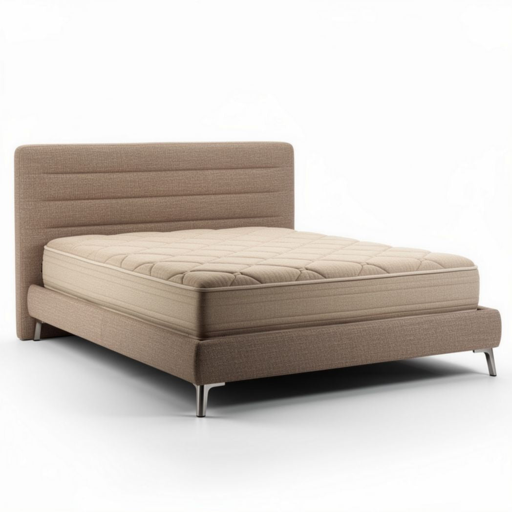 Upholstered bed frame with memory foam mattress in beige 200 x 160 x 30cm