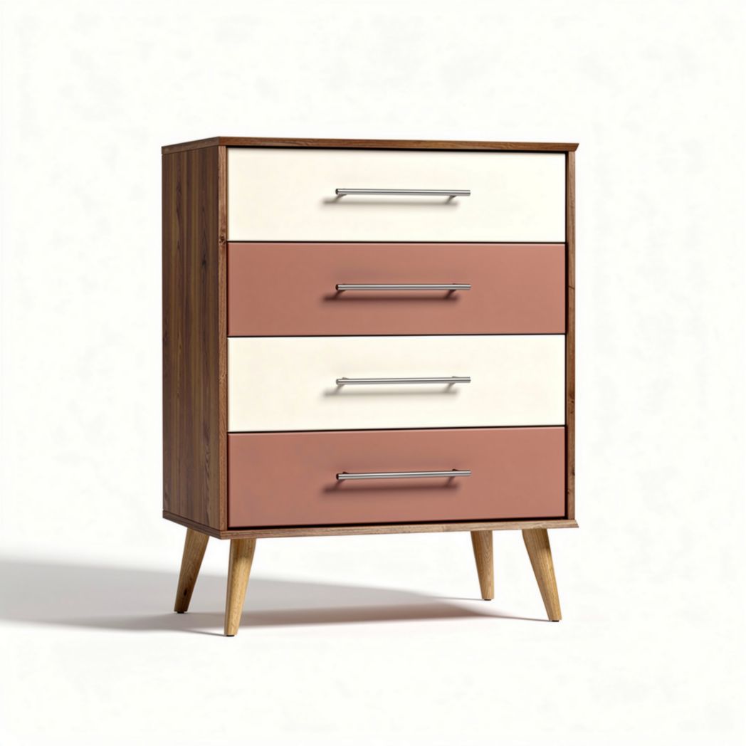 Four-drawer chest with wood finish and painted accent colors 80 x 40 x 100cm