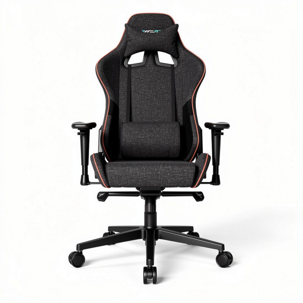 Racing style gaming chair with adjustable armrests fabric material black