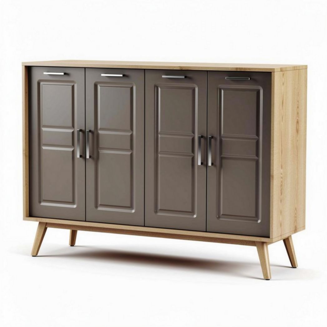Modern wooden sideboard with four doors in gray and natural finish 120 x 40 x 80cm