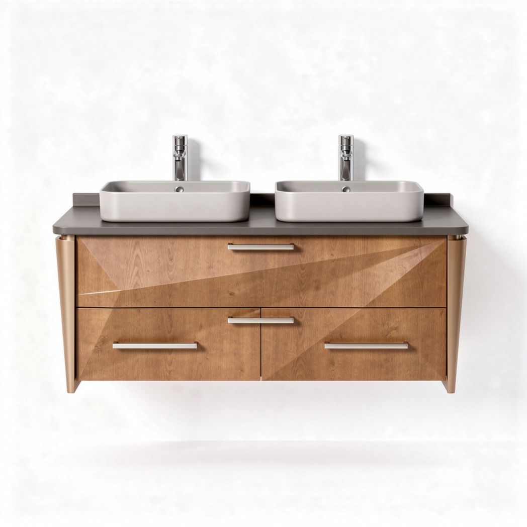 Double sink bathroom vanity with wooden finish and gray countertop 120 x 50 x 70cm
