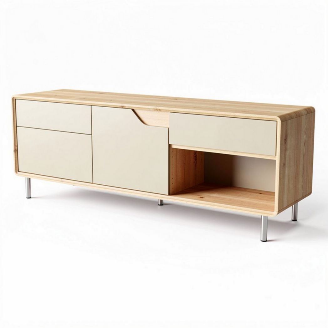 Wooden media console with drawers and open storage unit 150 x 40 x 50cm